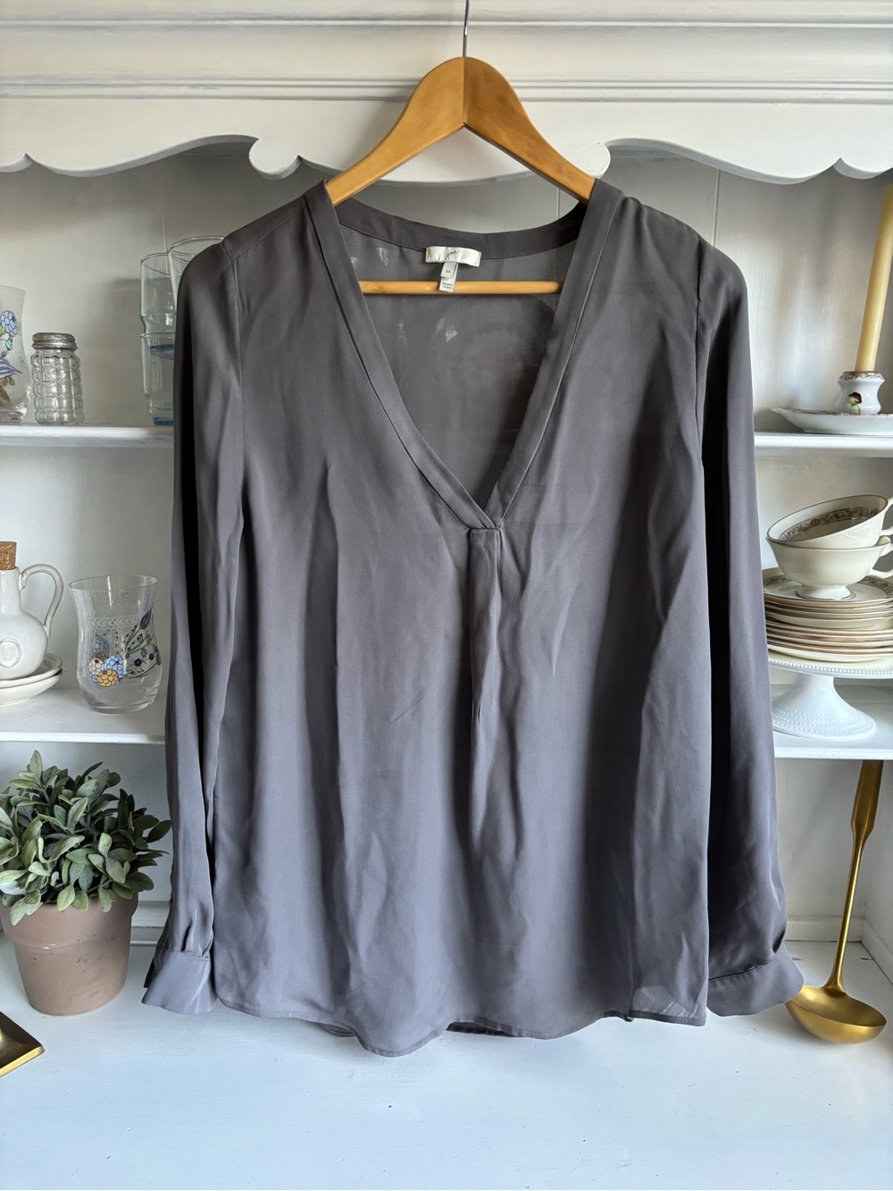 Joie Gray V-Neck Long Sleeve Blouse